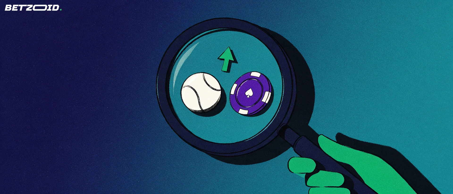 Illustration of a large magnifying glass revealing a sports ball and a card-suit gaming chip against a navy background