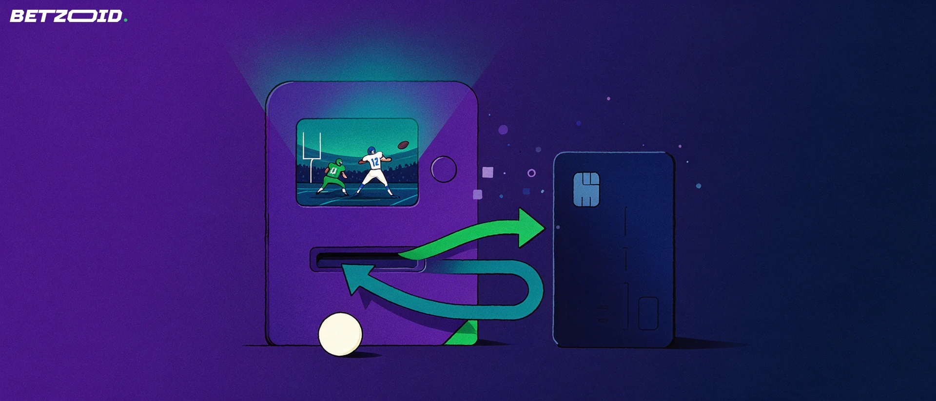 Illustration of a purple payment terminal with two curved arrows looping to a bank card, showing deposits and withdrawals