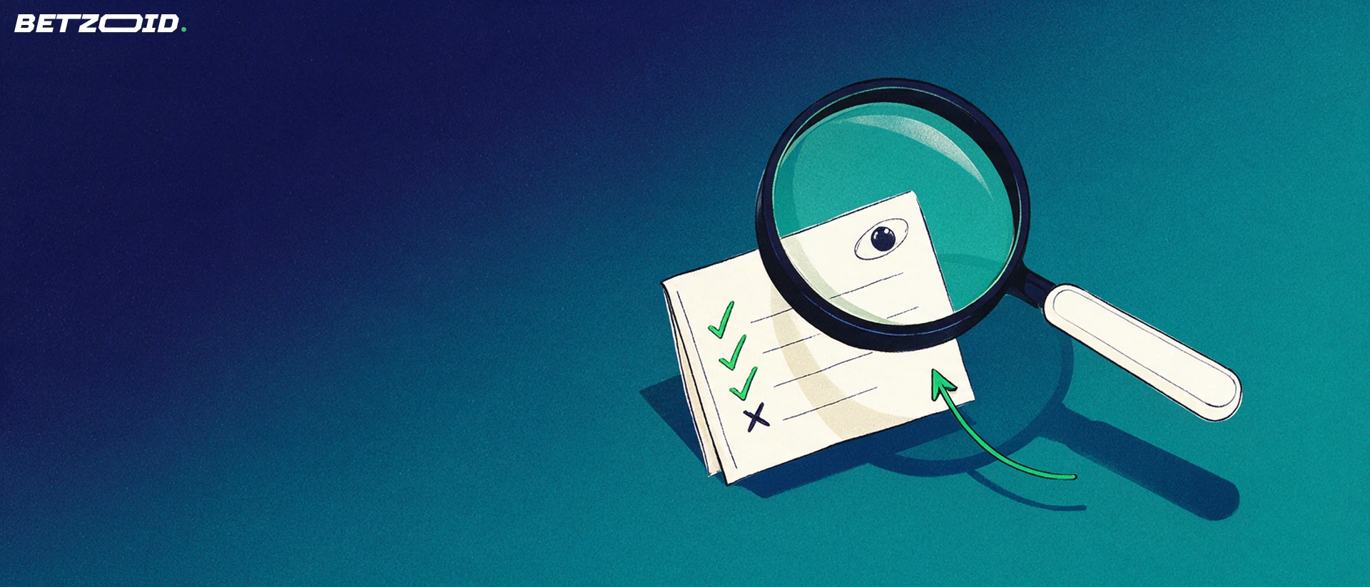 Illustration of a large magnifying glass examining a wagering slip marked with check symbols and one cross.
