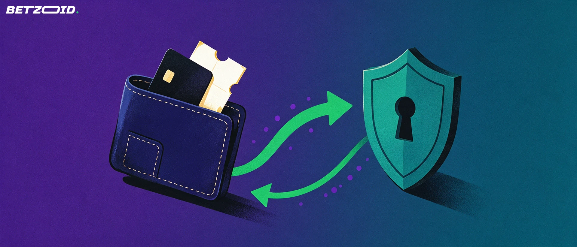 Illustration of a wallet holding a blank card and a ticket stub, with arrows looping through a shield to show money moving in and out.