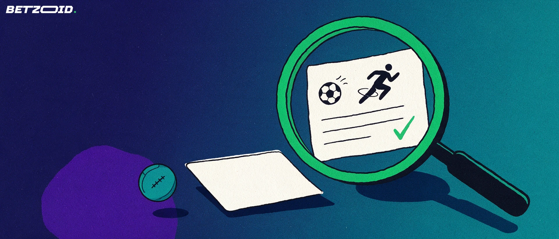 Illustration of a large magnifying glass examining a paper sports betting slip with football pictograms and a green tick