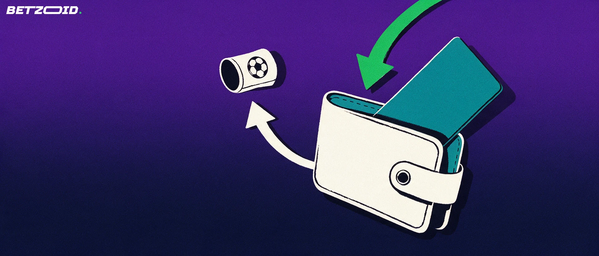 Illustration of a wallet with a payment card entering along one arrow and a rolled betting slip with a football symbol leaving along another
