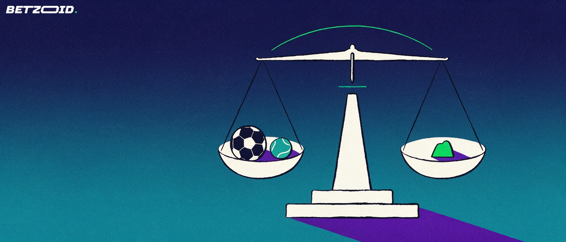 Illustration of a balance scale holding a soccer ball and tennis ball on one pan and a small green weight on the other, its beam almost level.