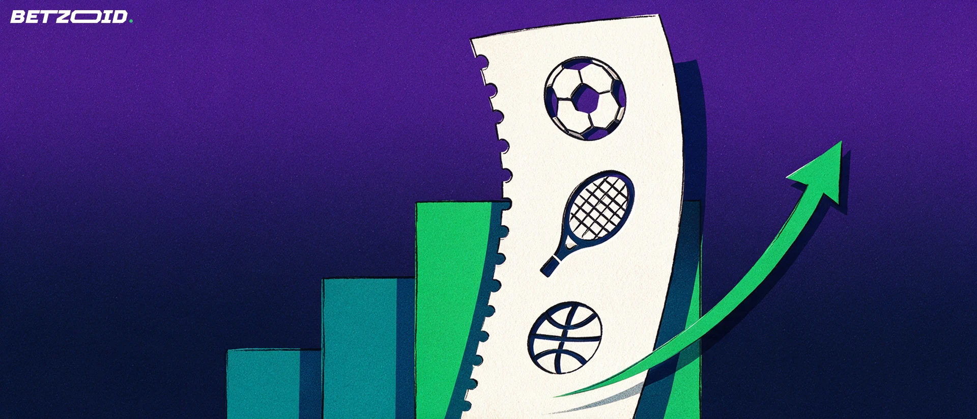 Illustration of a large paper betting ticket with cut-out soccer, tennis and basketball symbols in front of ascending bars and a rising green arrow.