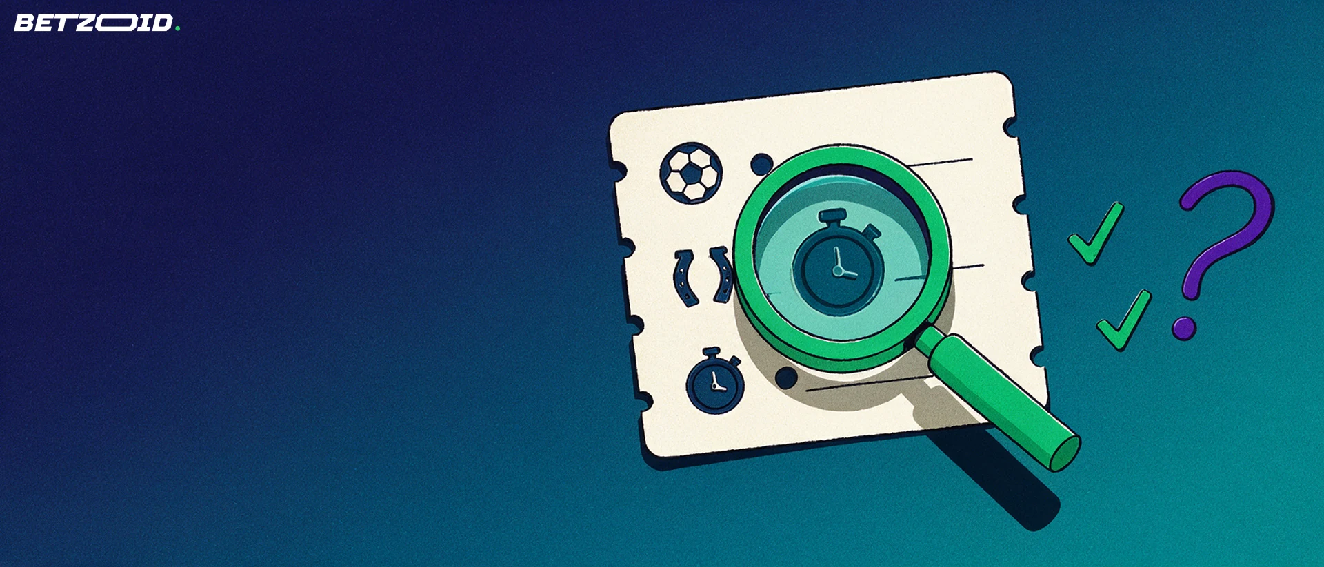 Illustration of a large magnifying glass examining a betting slip marked with small sport symbols and tick marks