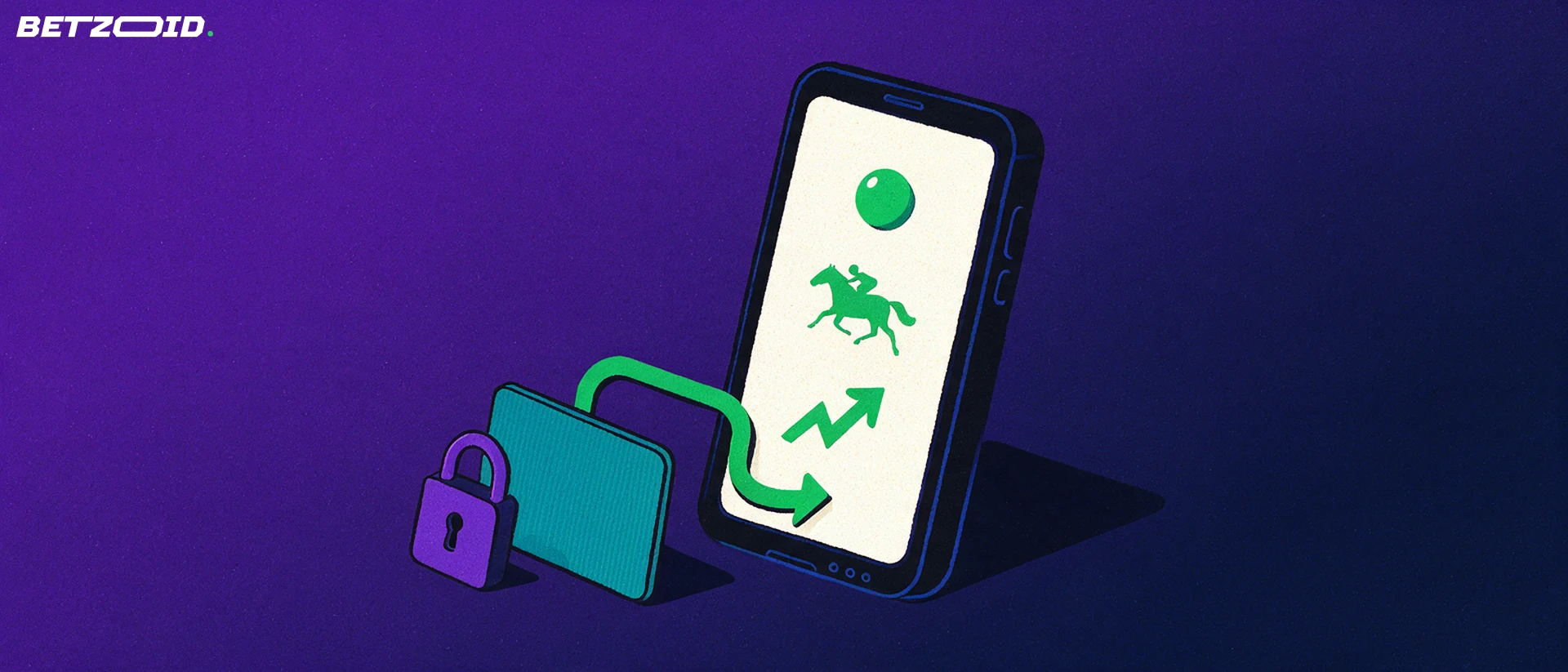 Illustration of a tilted smartphone showing simple sport betting symbols beside a payment card with a looping arrow and a padlock