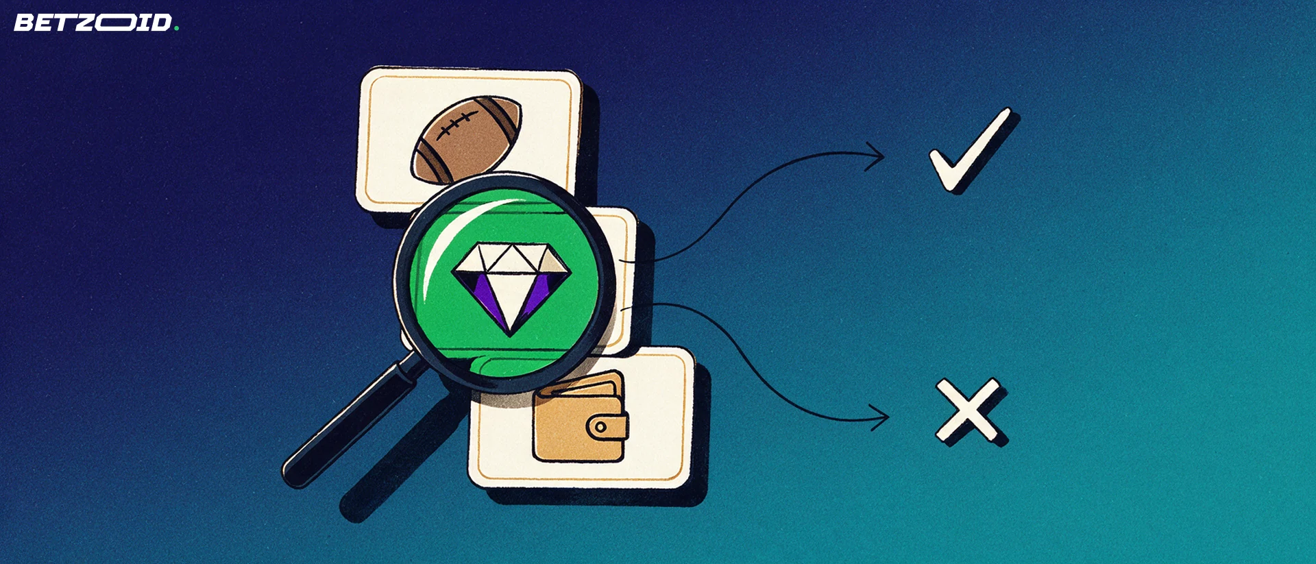 Illustration of a magnifying glass inspecting cards showing a football, a card suit and a wallet, with arrows pointing to tick and cross marks.