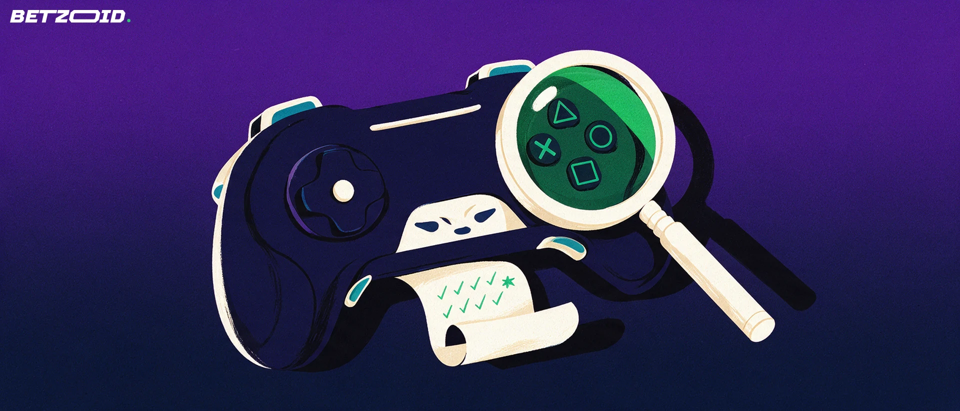 Illustration of an oversized game controller with a paper betting slip curling from it, examined through a large magnifying glass