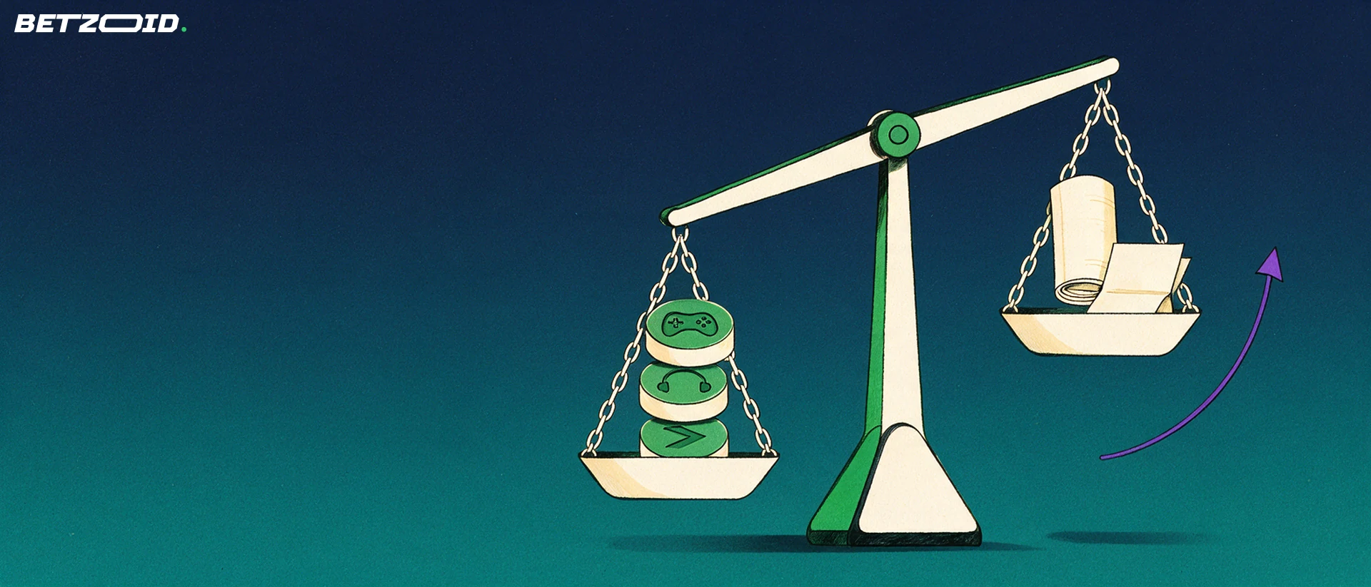 Illustration of a balance scale weighing gaming tokens against a rolled betting slip and ticket stub