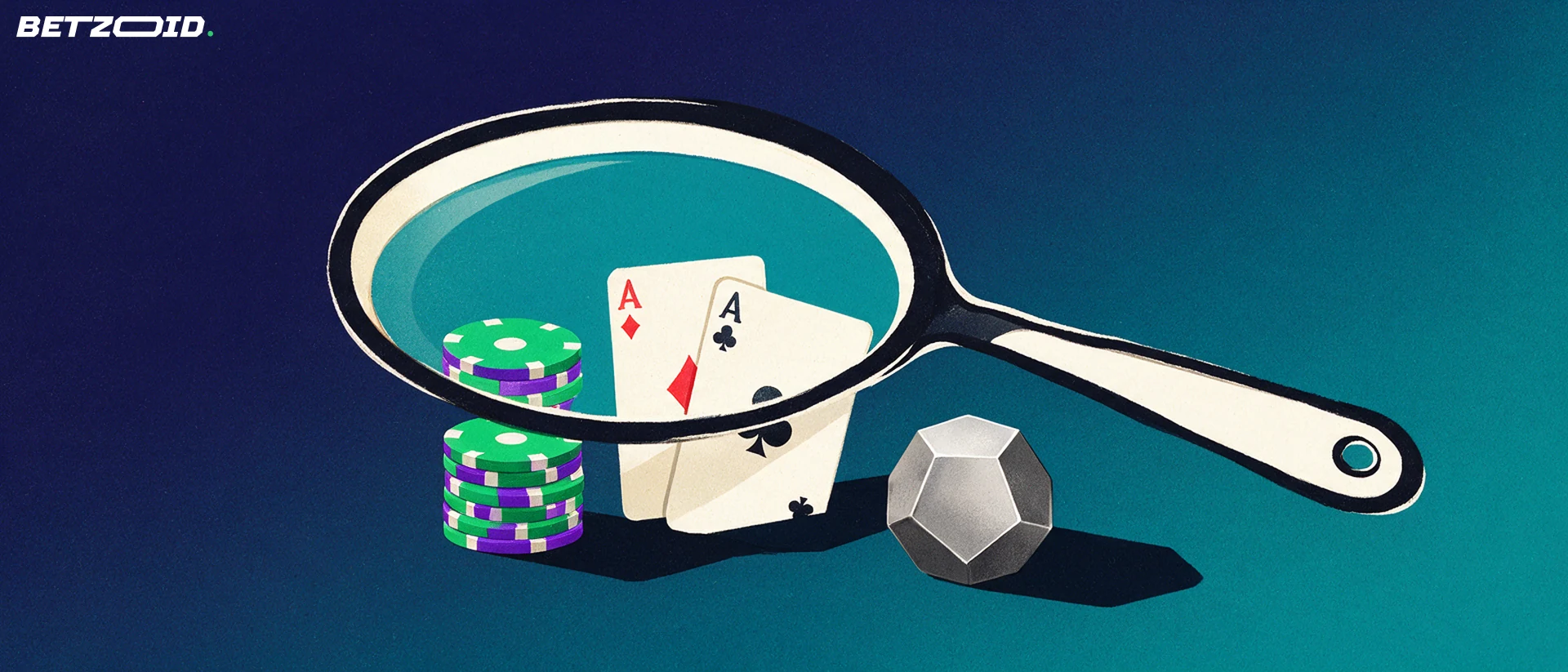 Illustration of a magnifying glass inspecting casino chips, playing cards and a blank metal token