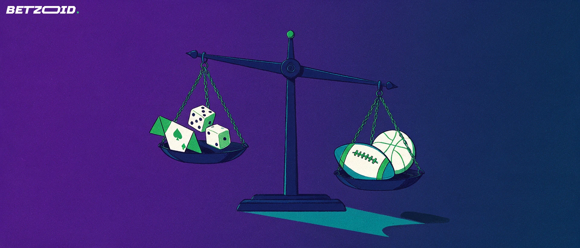 Illustration of a balance scale weighing dice and a playing card against a football and a basketball