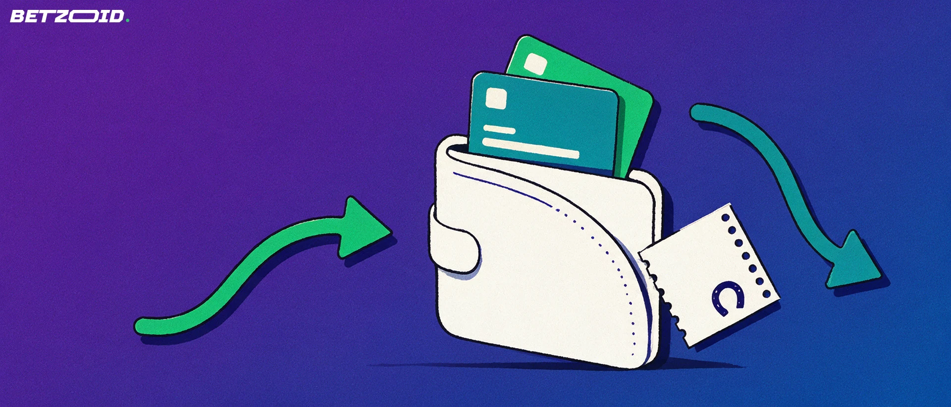 Illustration of a wallet with bank cards and two circulating arrows for deposits and withdrawals next to a ticket stub with a horseshoe symbol
