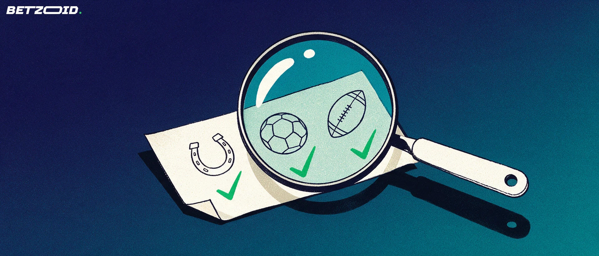 Illustration of a large magnifying glass examining a betting slip marked with horseshoe, round ball and oval ball symbols beside small check marks.