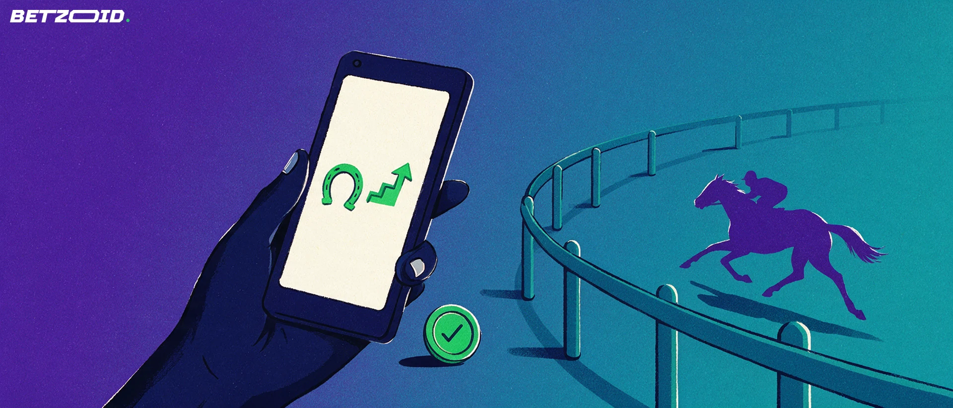 Illustration of a tilted smartphone showing a horseshoe and rising arrow, with a curved racecourse rail and a galloping horse silhouette alongside it.