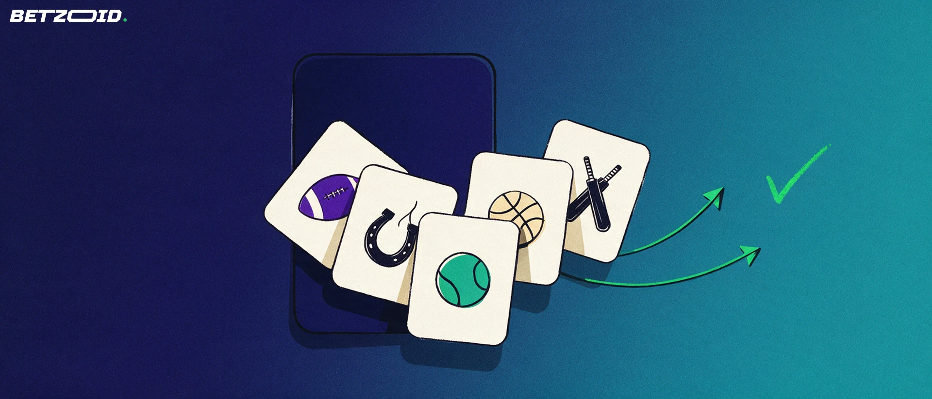 Illustration of a fanned deck of betting cards showing sport symbols with arrows pointing to a selection tick.