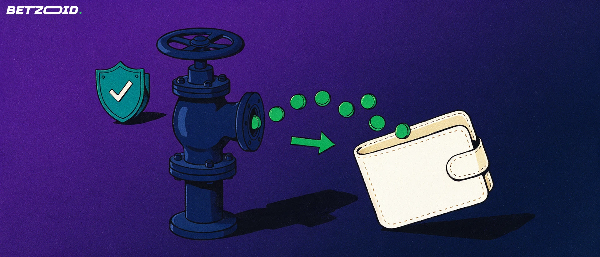 Illustration of a valve releasing a stream of tokens into an open wallet beside a checkmark shield.