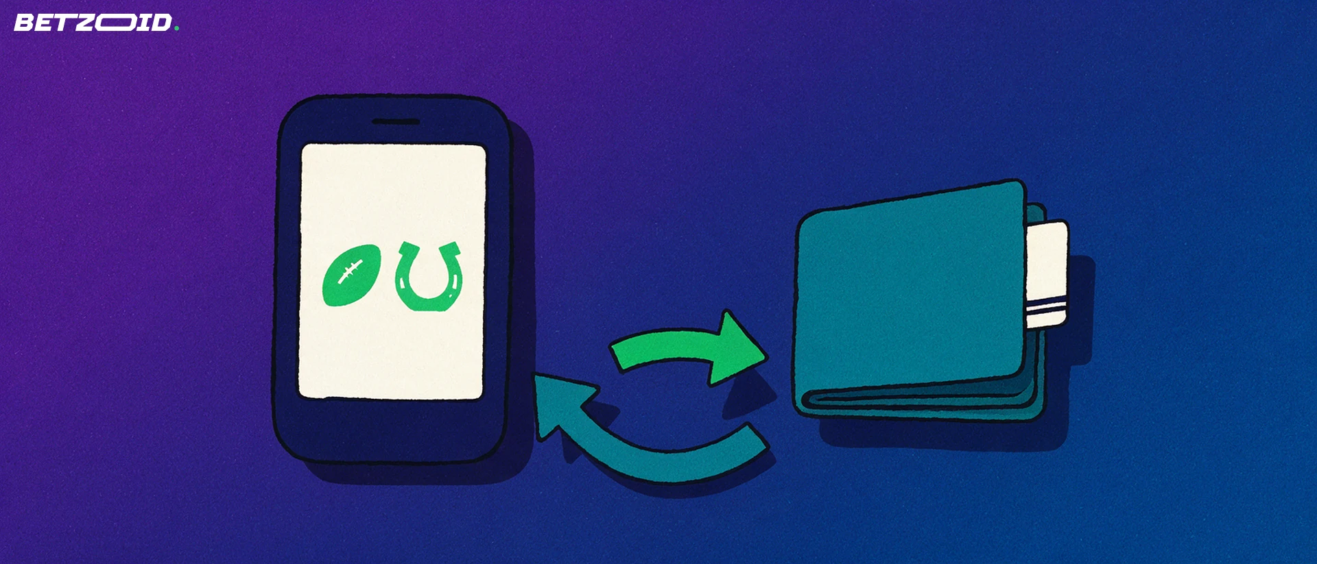 Illustration of a mobile handset showing football and horseshoe symbols linked by two curved arrows to a wallet with a payment card.