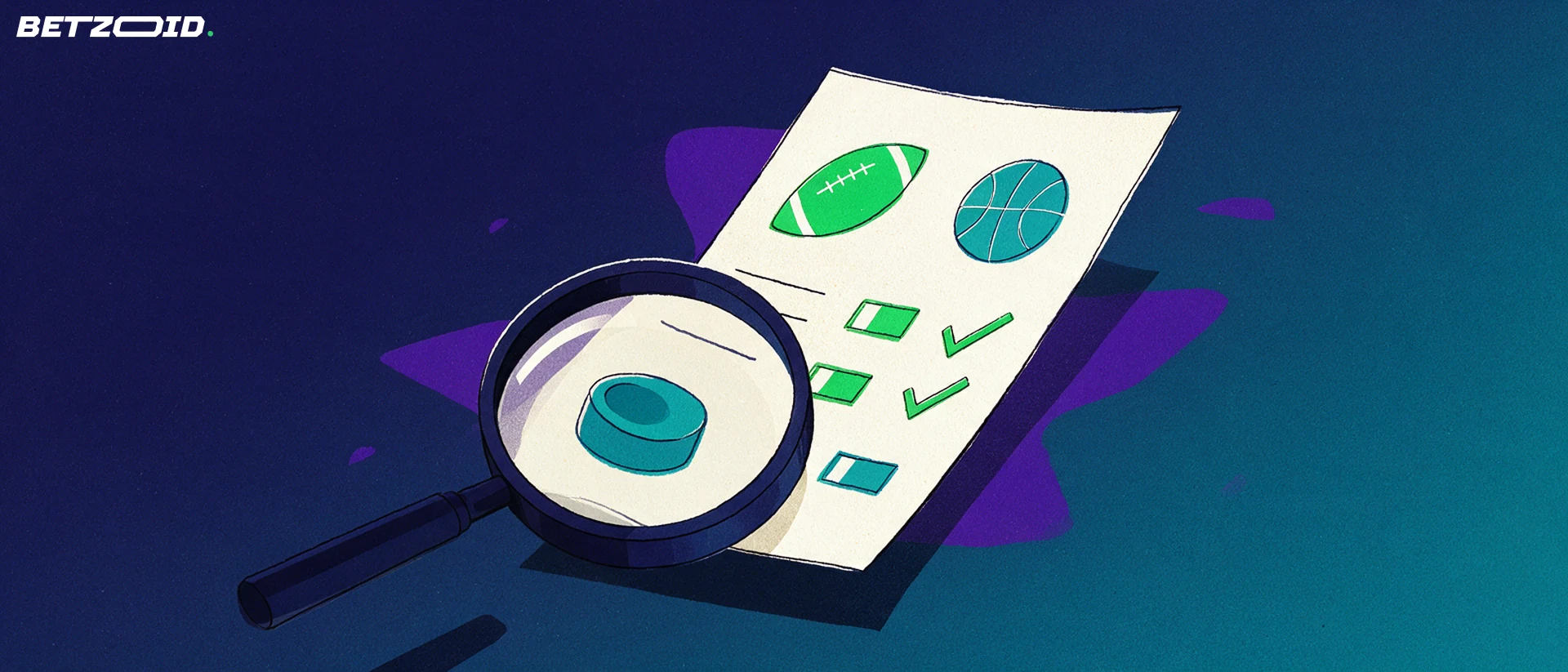 Illustration of a magnifying glass examining a paper betting slip marked with football, basketball and hockey symbols and green check marks.