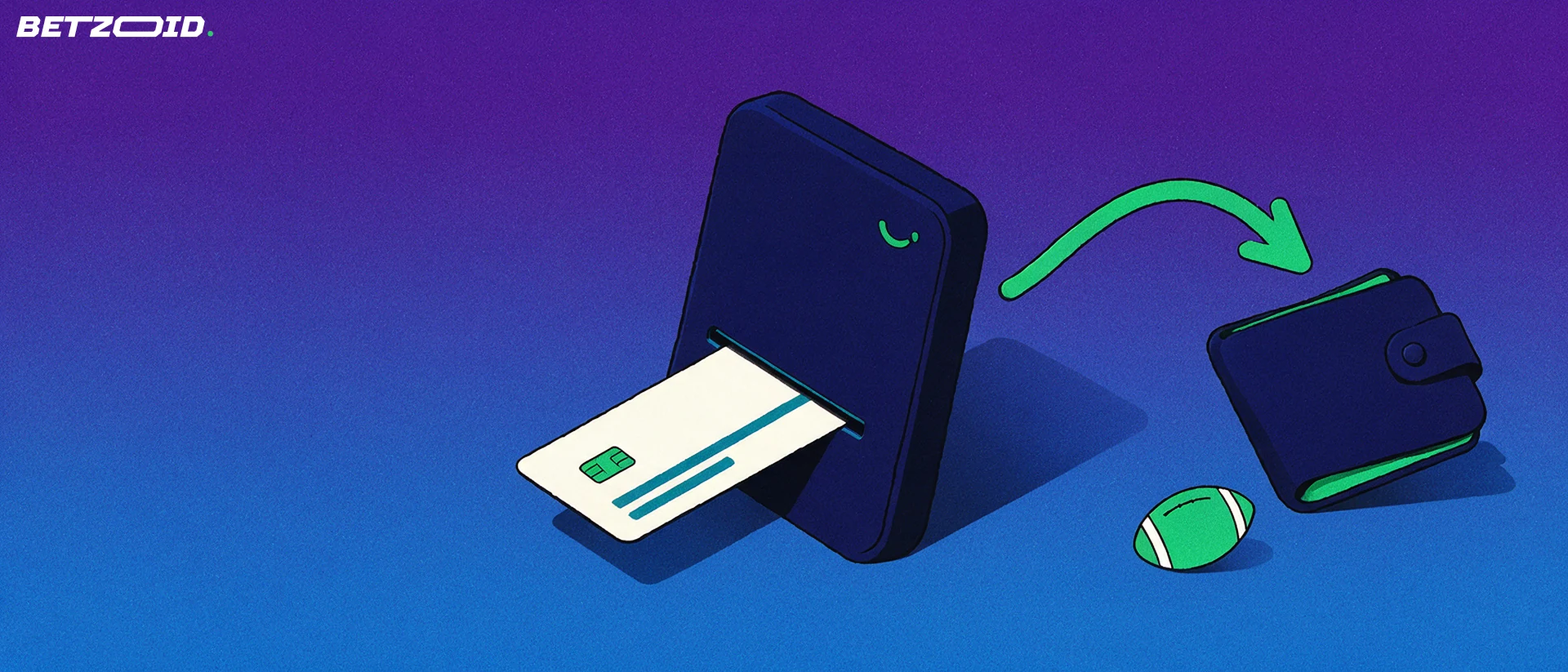 Illustration of a bank card sliding into a payment terminal with a green arrow curving out to a wallet beside a small football.