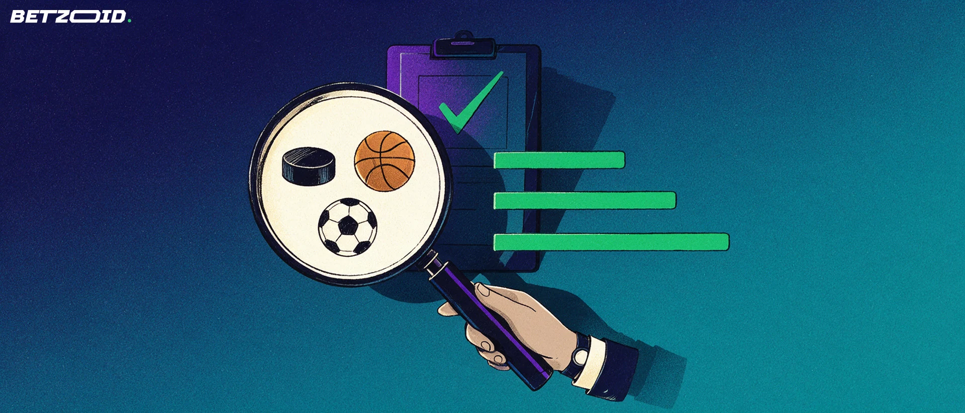 Illustration of a magnifying glass revealing hockey, basketball and soccer symbols beside a rating bar chart and a clipboard with a checkmark