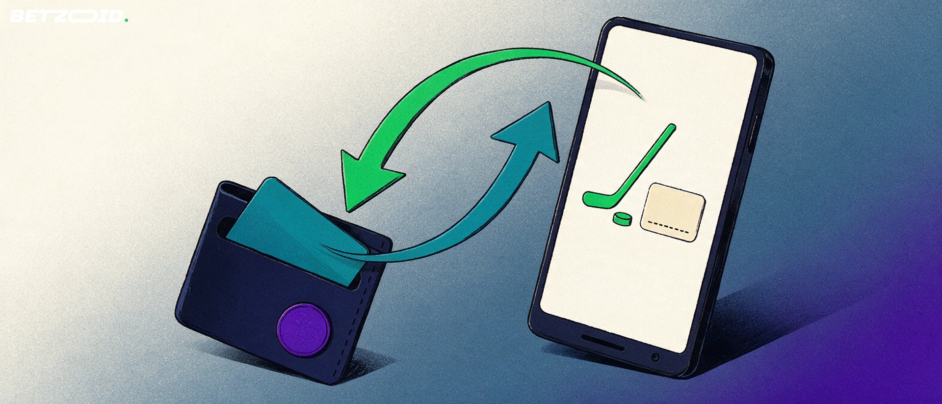 Illustration of a smartphone with a puck and bet slip symbol connected by curved arrows to a wallet and card, showing a deposit and withdrawal loop