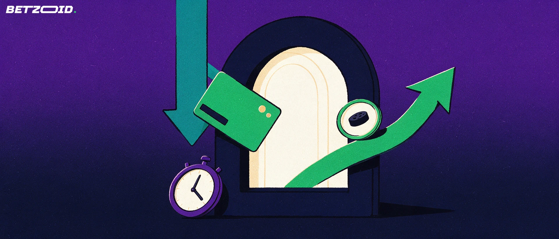 Illustration of a payment card entering an arched gateway with deposit and withdrawal arrows, a stopwatch and a puck-marked token.