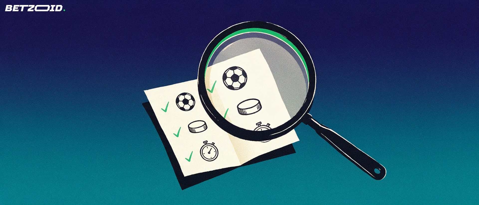 Illustration of a magnifying glass enlarging sport symbols and tick marks on a folded betting coupon