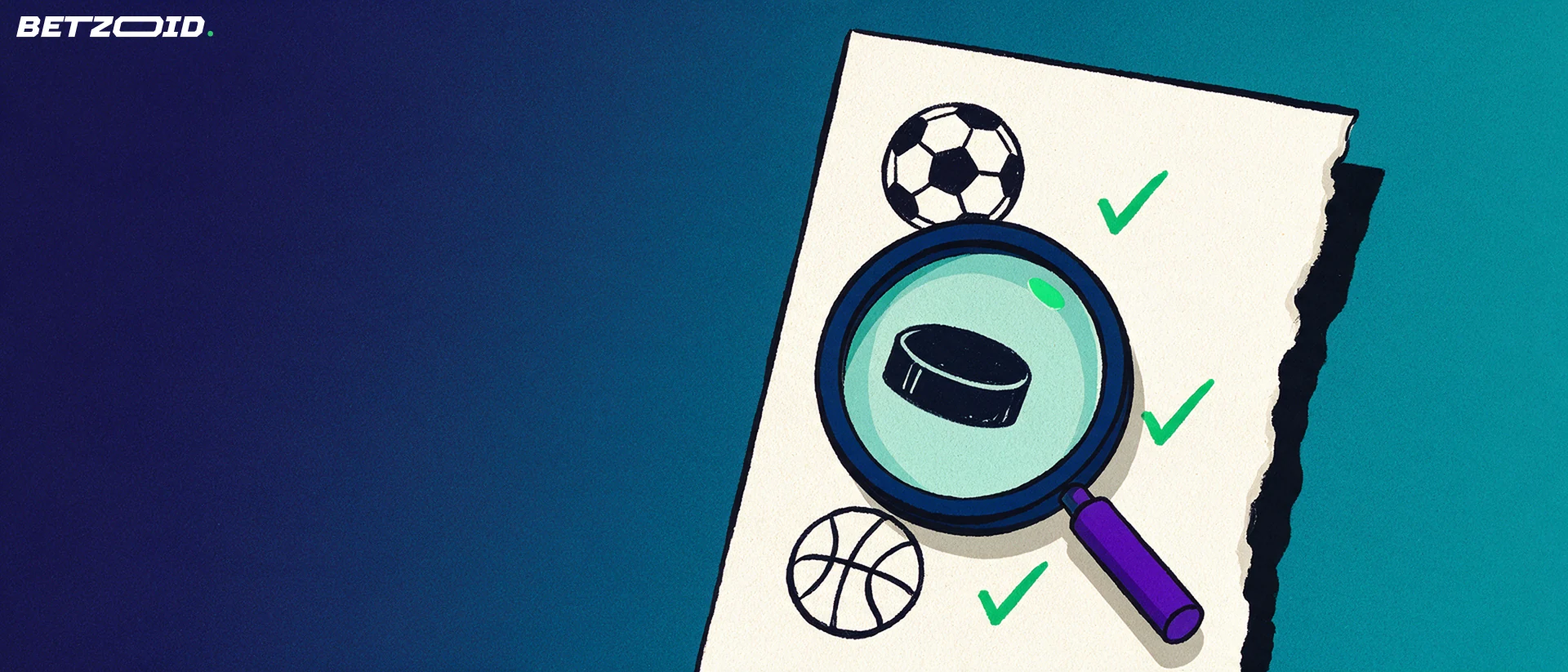 Illustration of a large magnifying glass inspecting a paper betting slip marked with soccer, hockey and basketball symbols