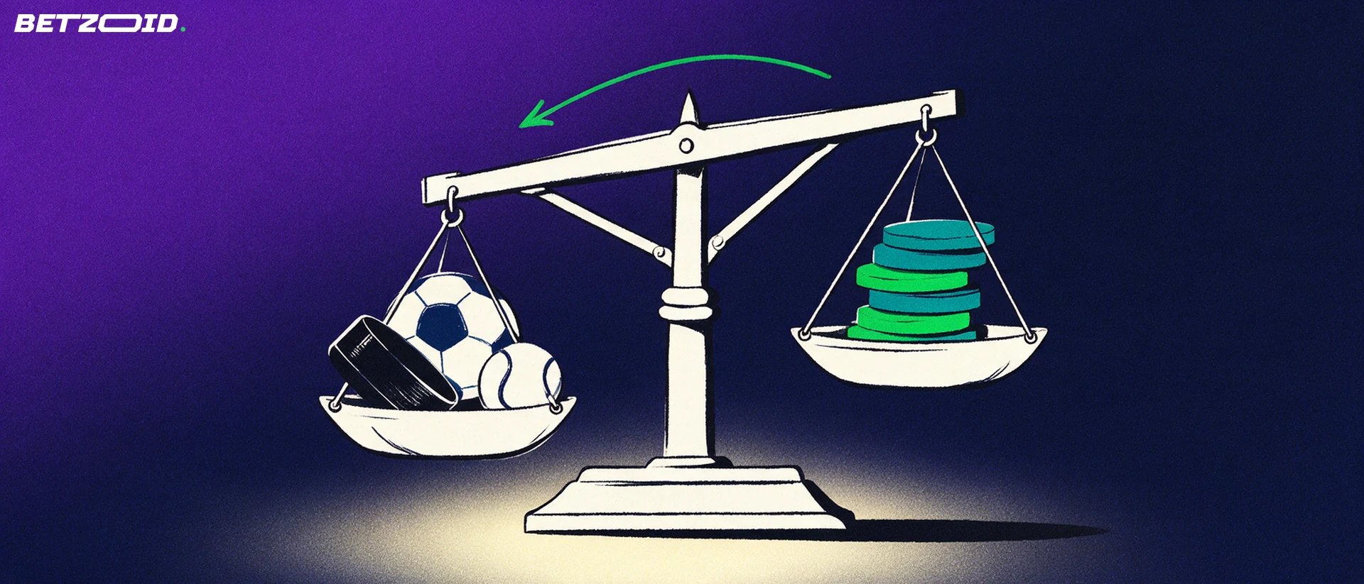 Illustration of a balance scale weighing a cluster of sport balls and a hockey puck against a stack of plain coin discs