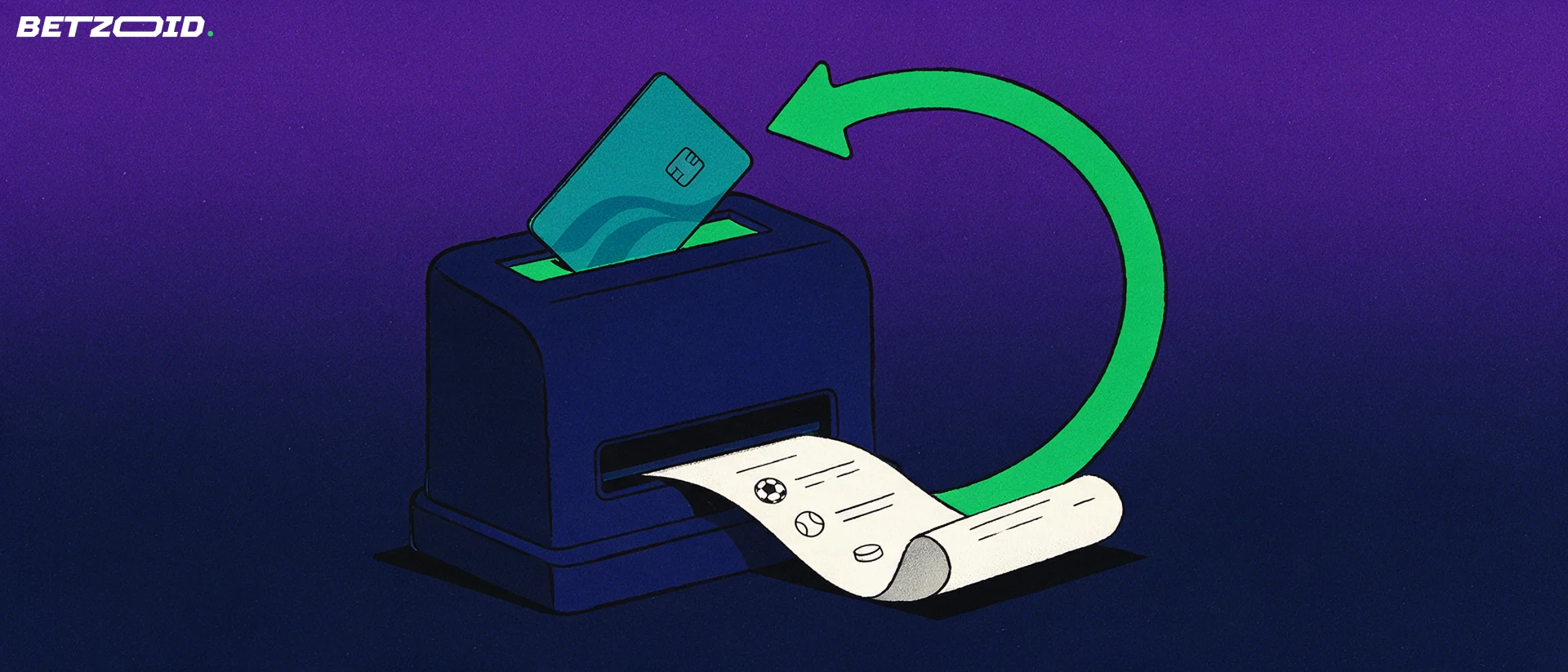 Illustration of a payment card entering a ticket machine that prints a betting slip with sport symbols, linked by a circular arrow.