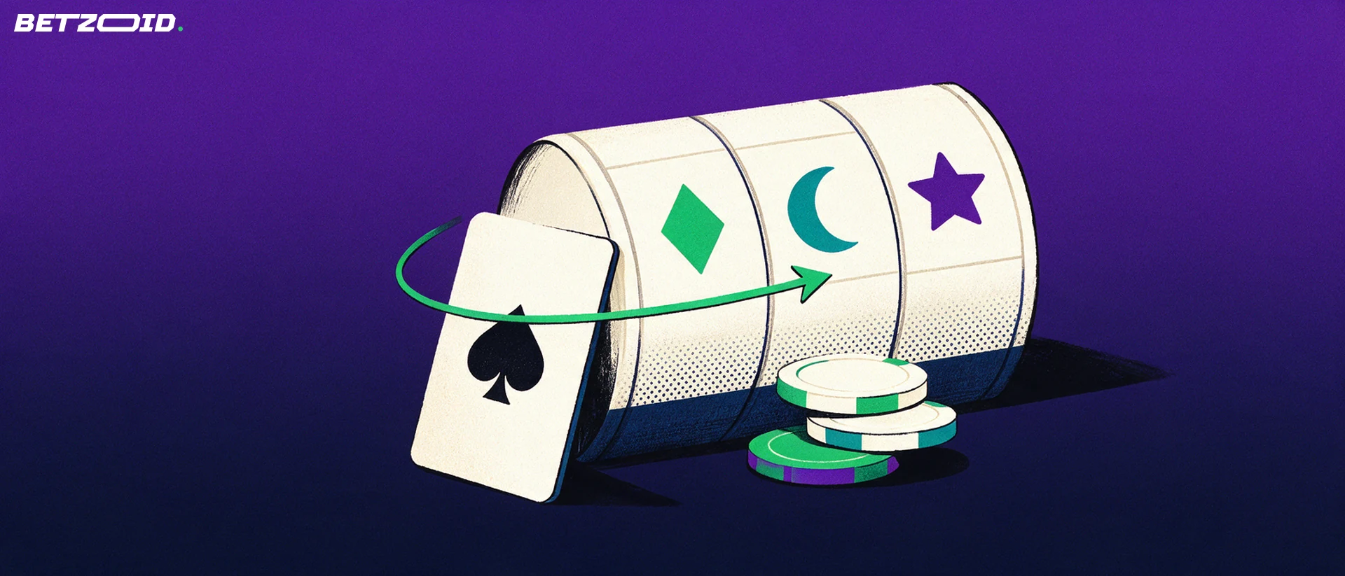 Illustration of a tilted slot machine reel drum with simple game symbols, a playing card and a small stack of casino chips.