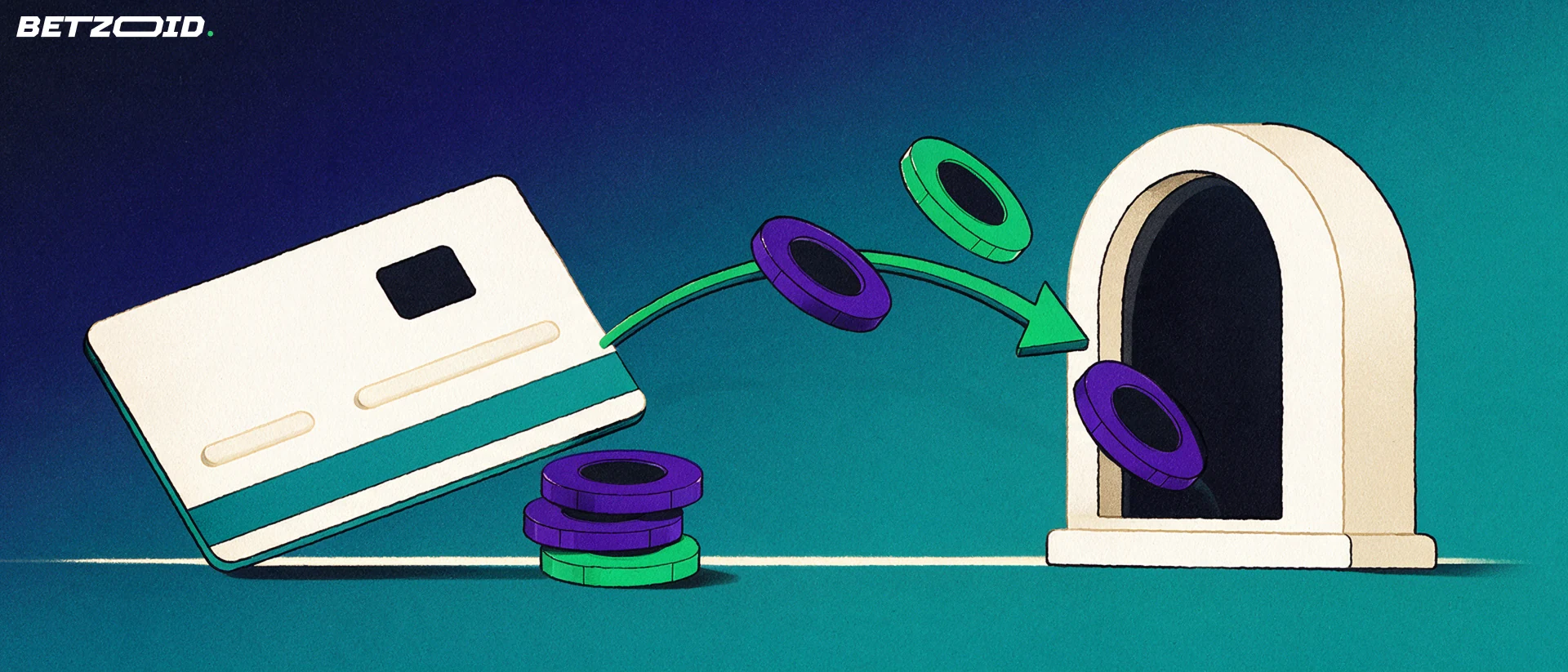 Illustration of a payment card with casino chips travelling along an arrow into a cashier slot.