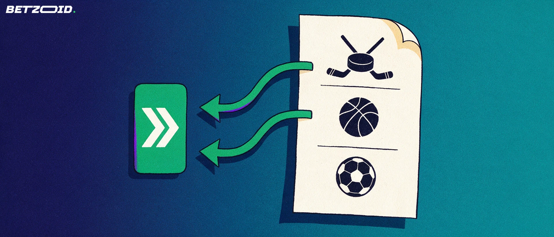 Illustration of a large paper betting slip with hockey, basketball and soccer symbols, with arrows pointing to a selection marker.