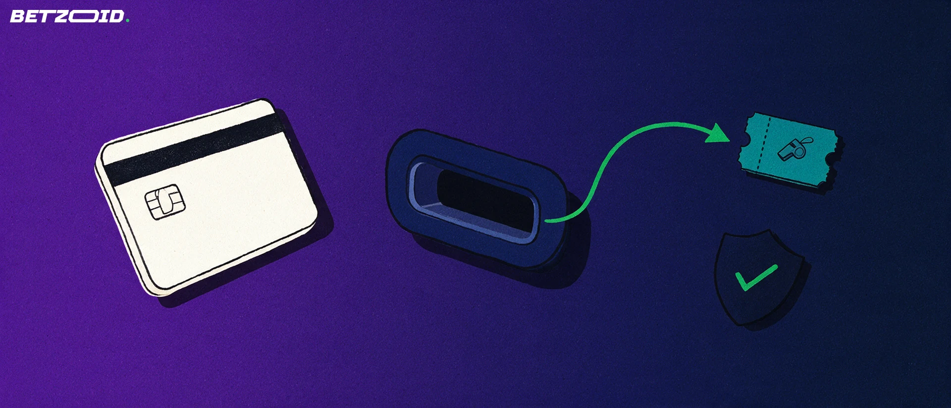 Illustration of an unbranded payment card entering a deposit slot with a looping arrow returning to a sports ticket and a small verification shield.