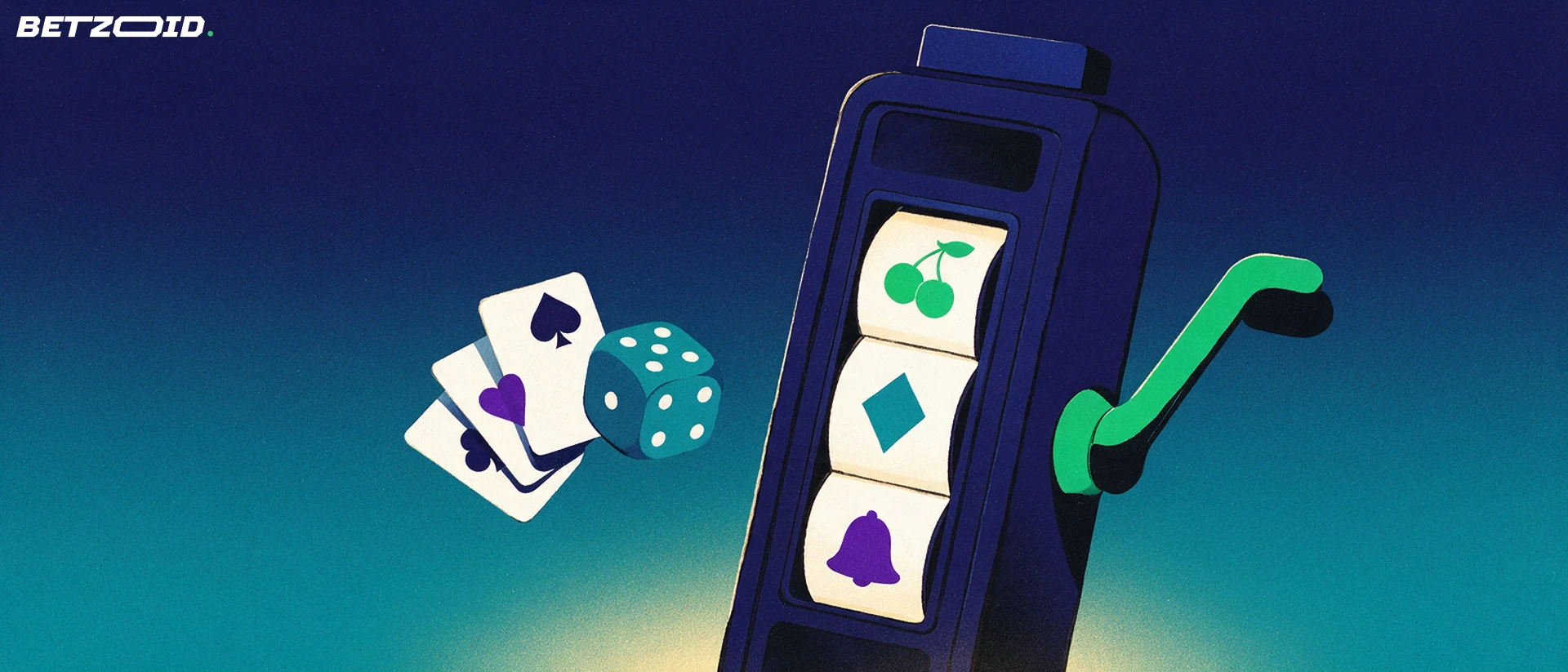 Illustration of a tall slot machine reel drum with fruit, diamond and bell symbols beside playing cards and a die.