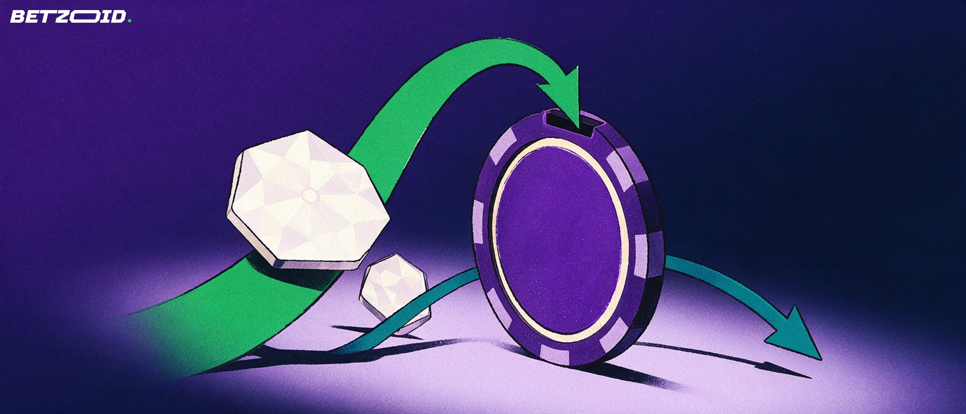 Illustration of a faceted digital token travelling along an arrow into an upright casino chip, with a second arrow curving back out.