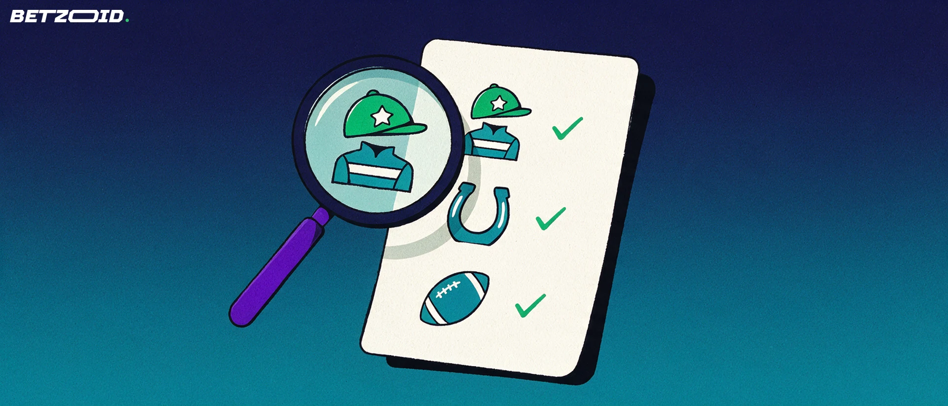 Illustration of a magnifying glass inspecting a betting slip marked with a jockey helmet, horseshoe and football symbols.
