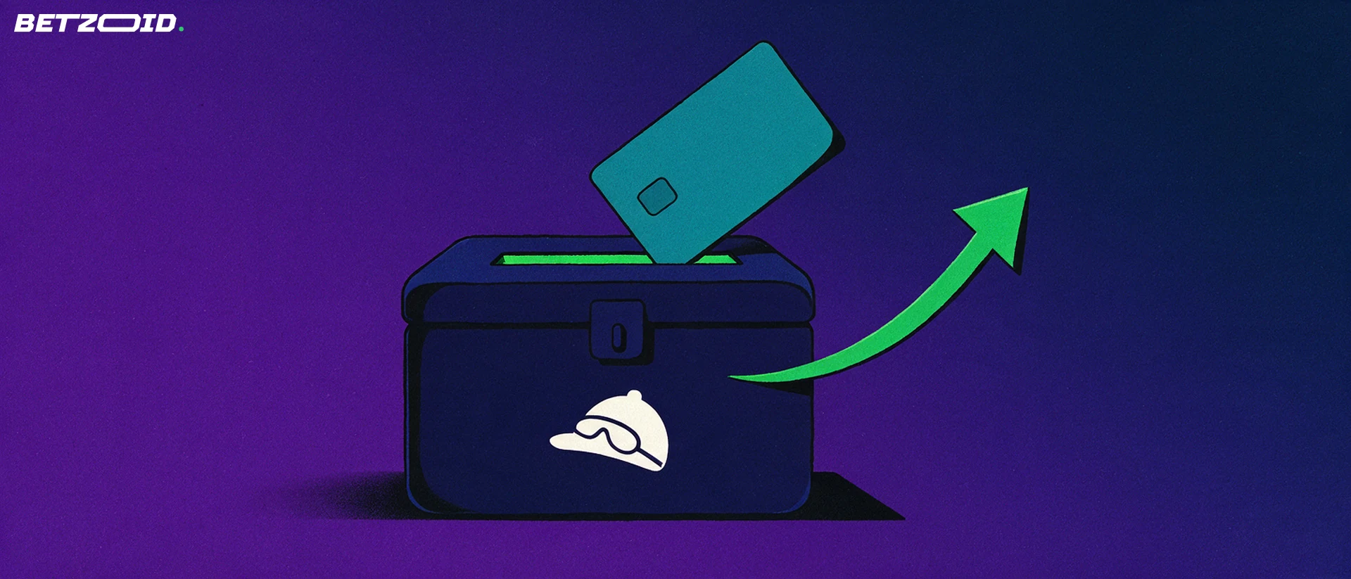 Illustration of a bank card entering a strongbox with a racing helmet emblem while a green arrow curves upward out of it.