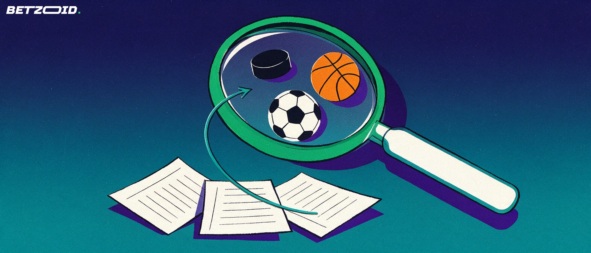 Illustration of a large magnifying glass examining blank betting slips, with soccer, hockey and basketball symbols enlarged inside the lens.