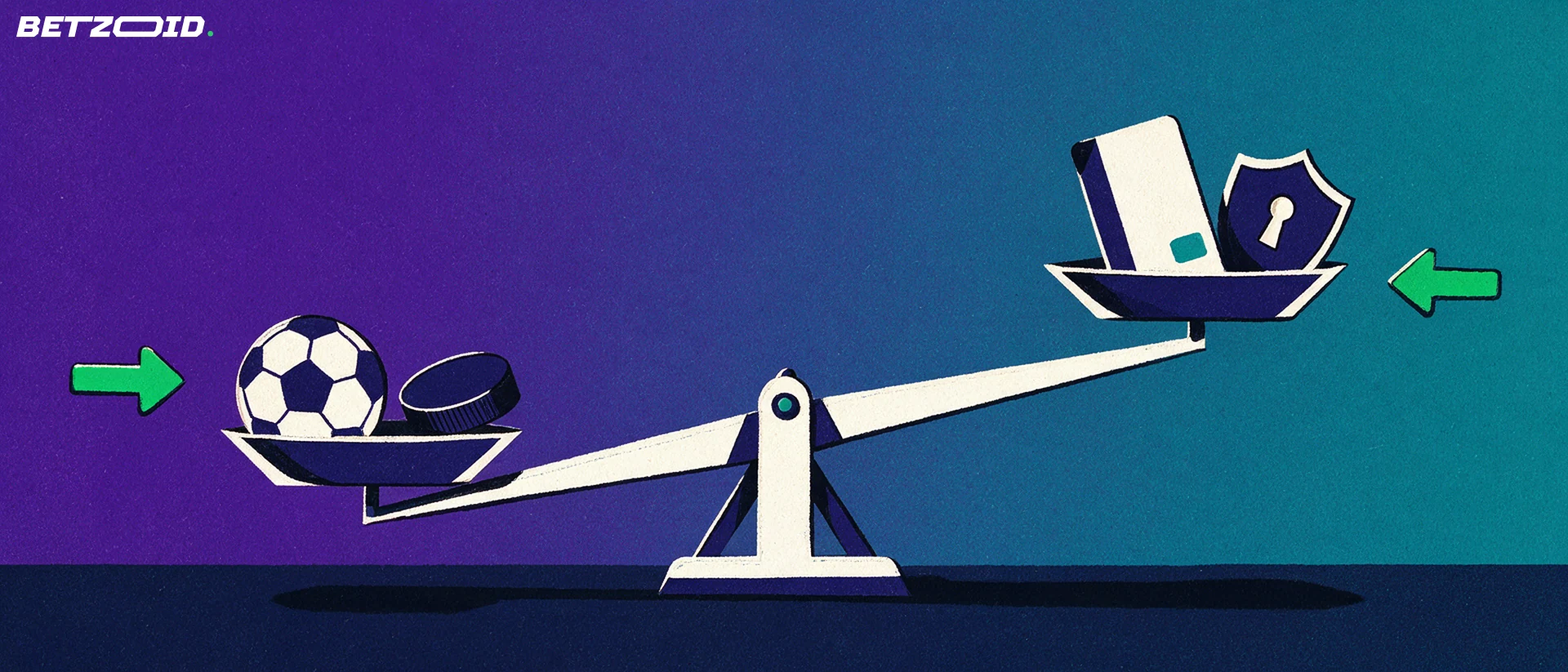 Illustration of a tilted balance scale weighing sport symbols on one side against a payment card and a keyhole shield on the other.
