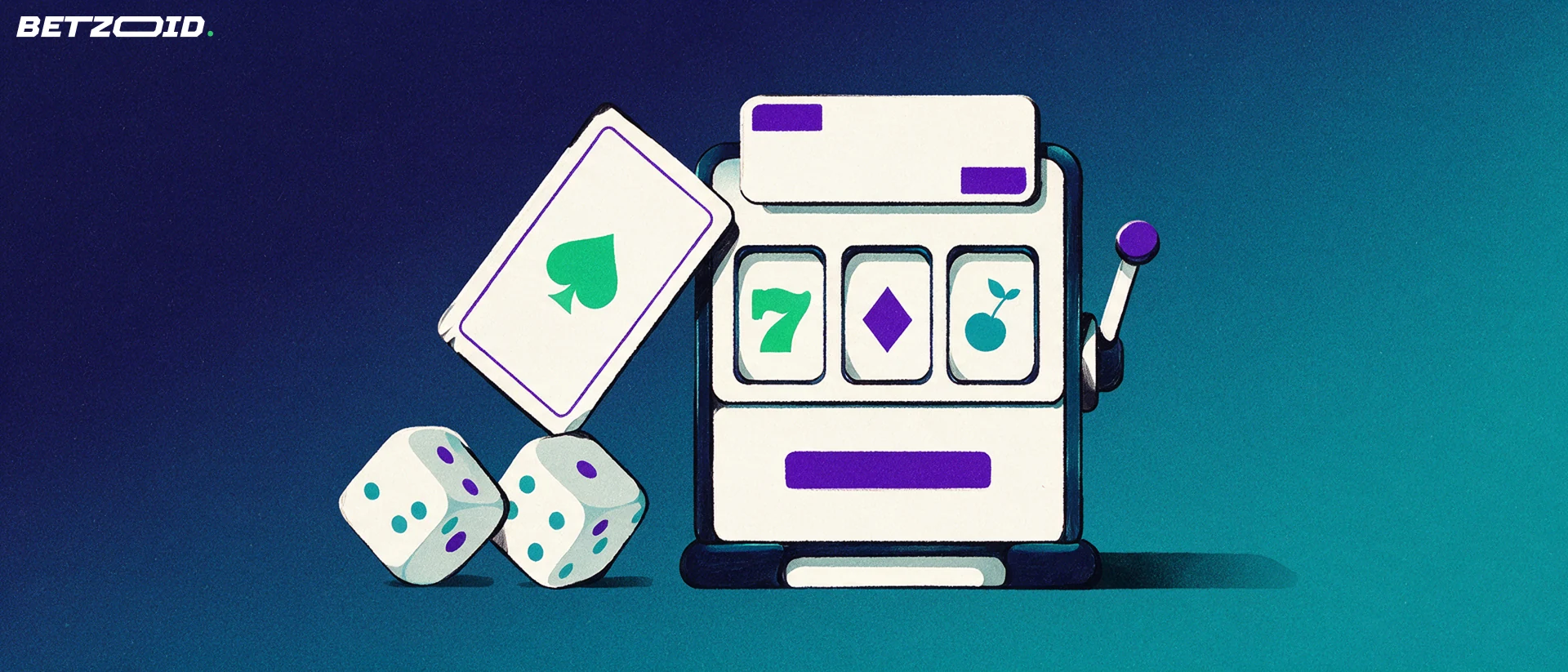 Illustration of a slot machine cabinet with three simple symbols, a playing card and two dice beside it.