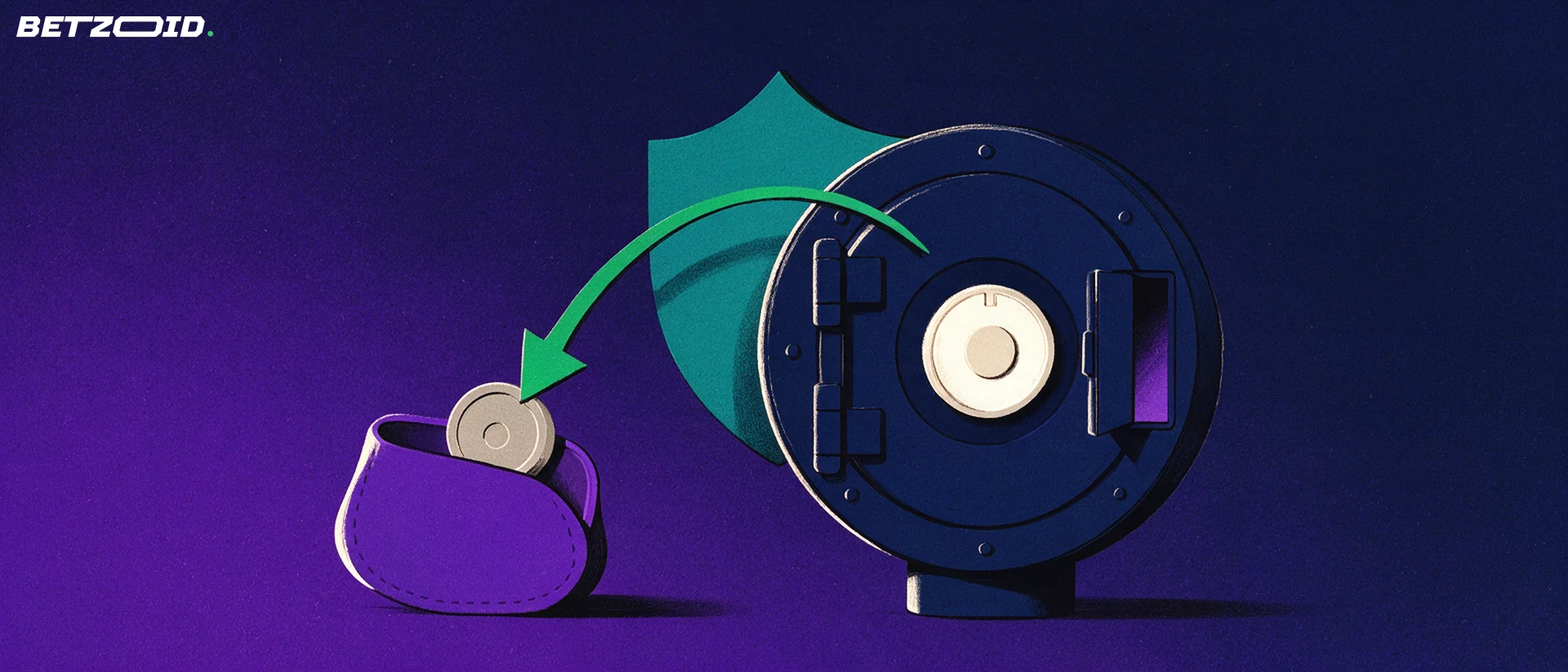 Illustration of an open vault with a green arrow carrying a single token into a wallet, with a shield behind it.