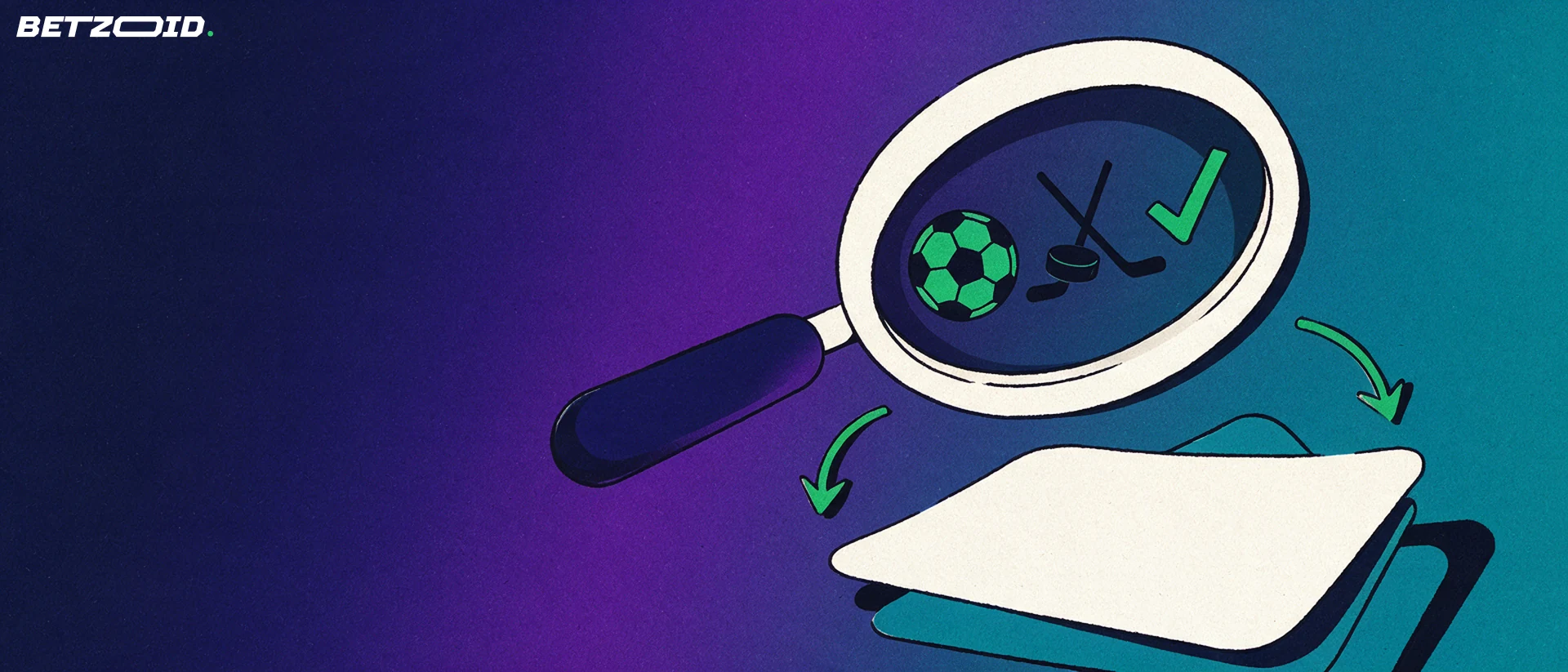 Illustration of a magnifying glass examining a stack of betting slips showing simple soccer and hockey symbols