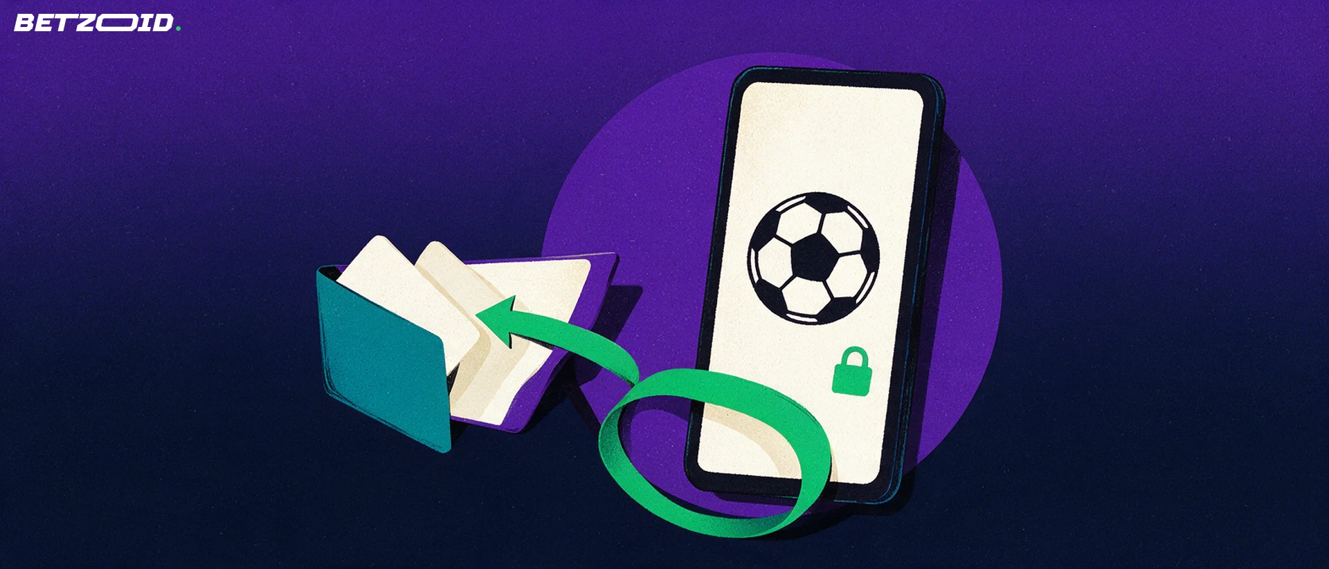 Illustration of a smartphone with sport and padlock icons and a green arrow flowing into an open wallet with cards
