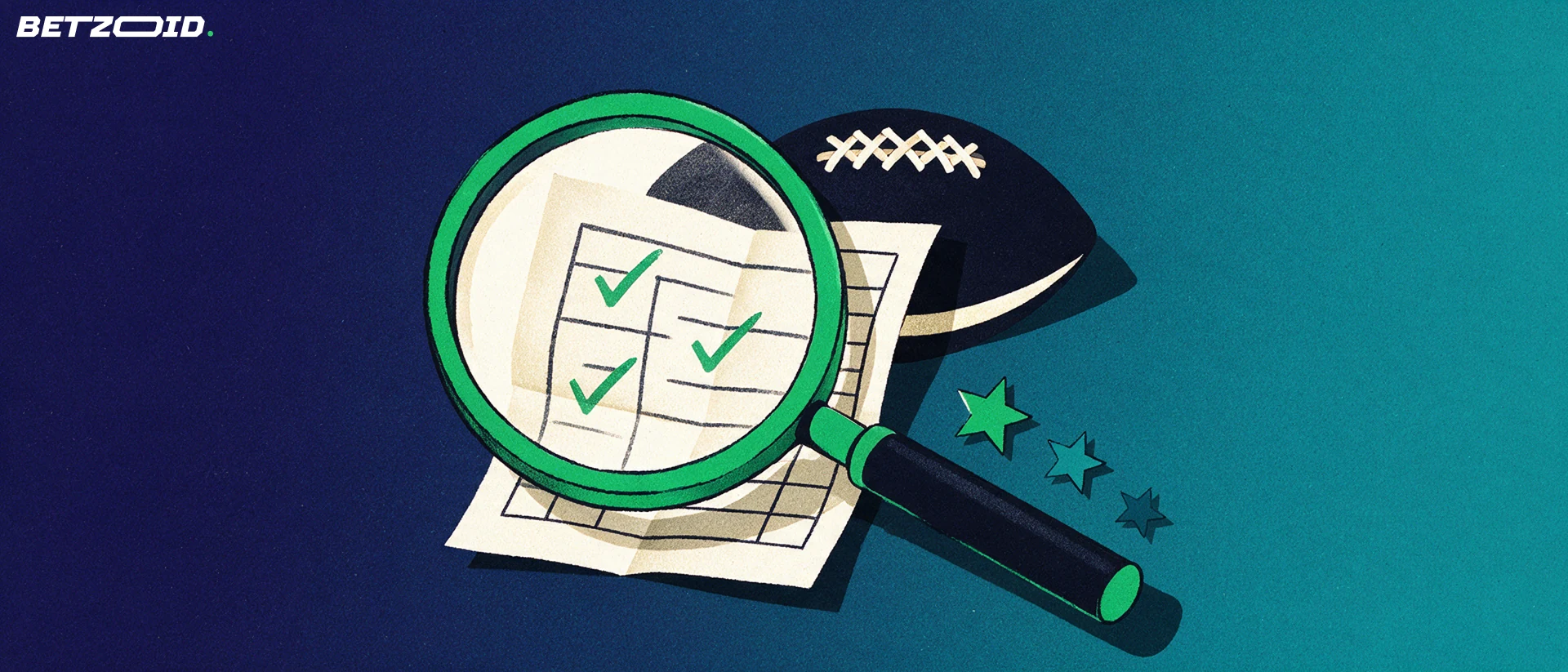 Illustration of a magnifying glass enlarging a checked sports betting slip beside a football and three rating stars.