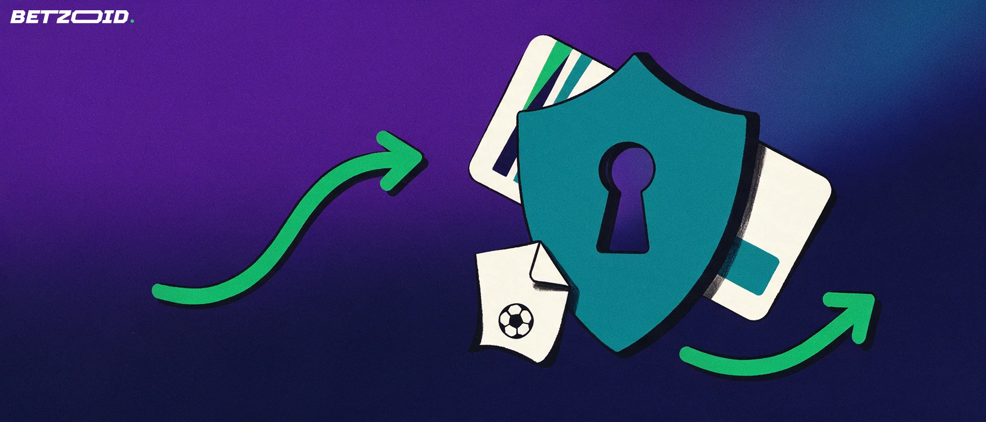 Illustration of a shield with a padlock keyhole holding a plain bank card and a betting slip, with arrows showing money in and out.
