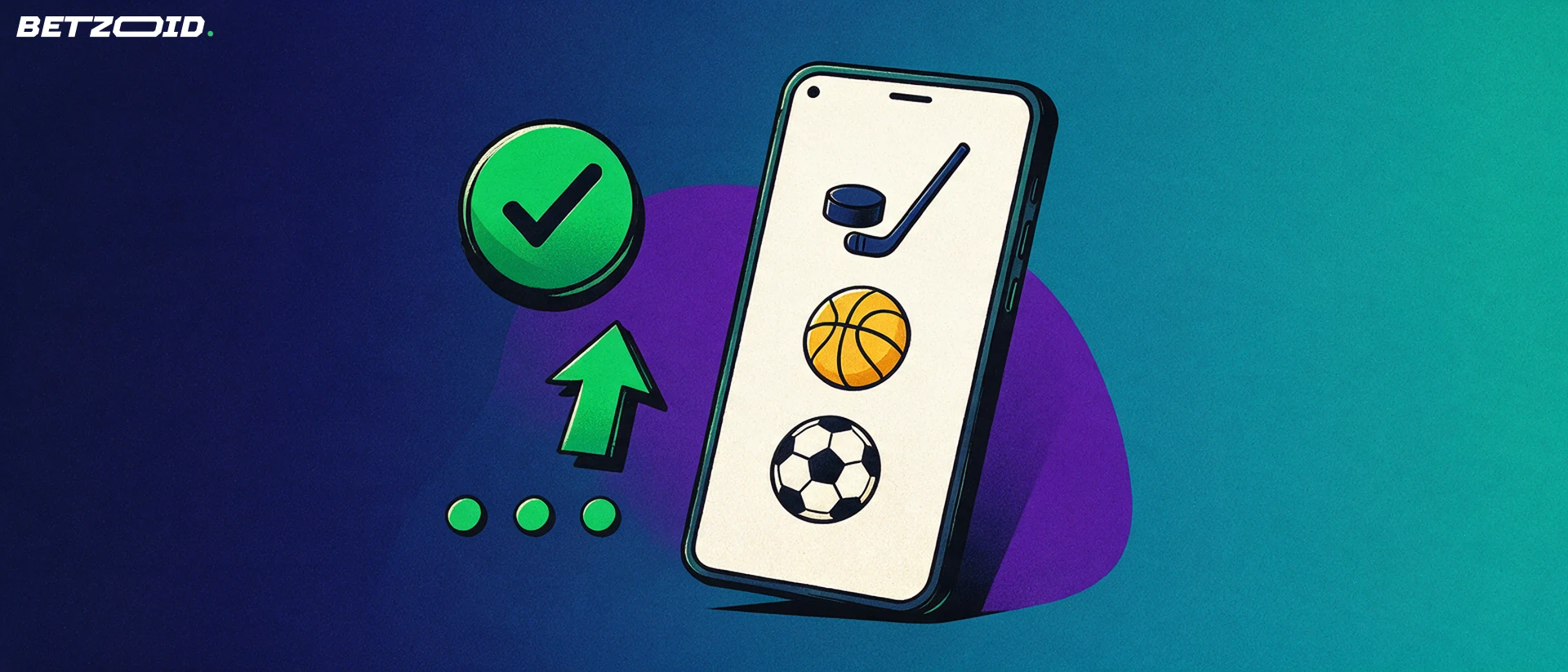 Illustration of a handheld device showing simple sport icons beside a large checkmark and upward arrow
