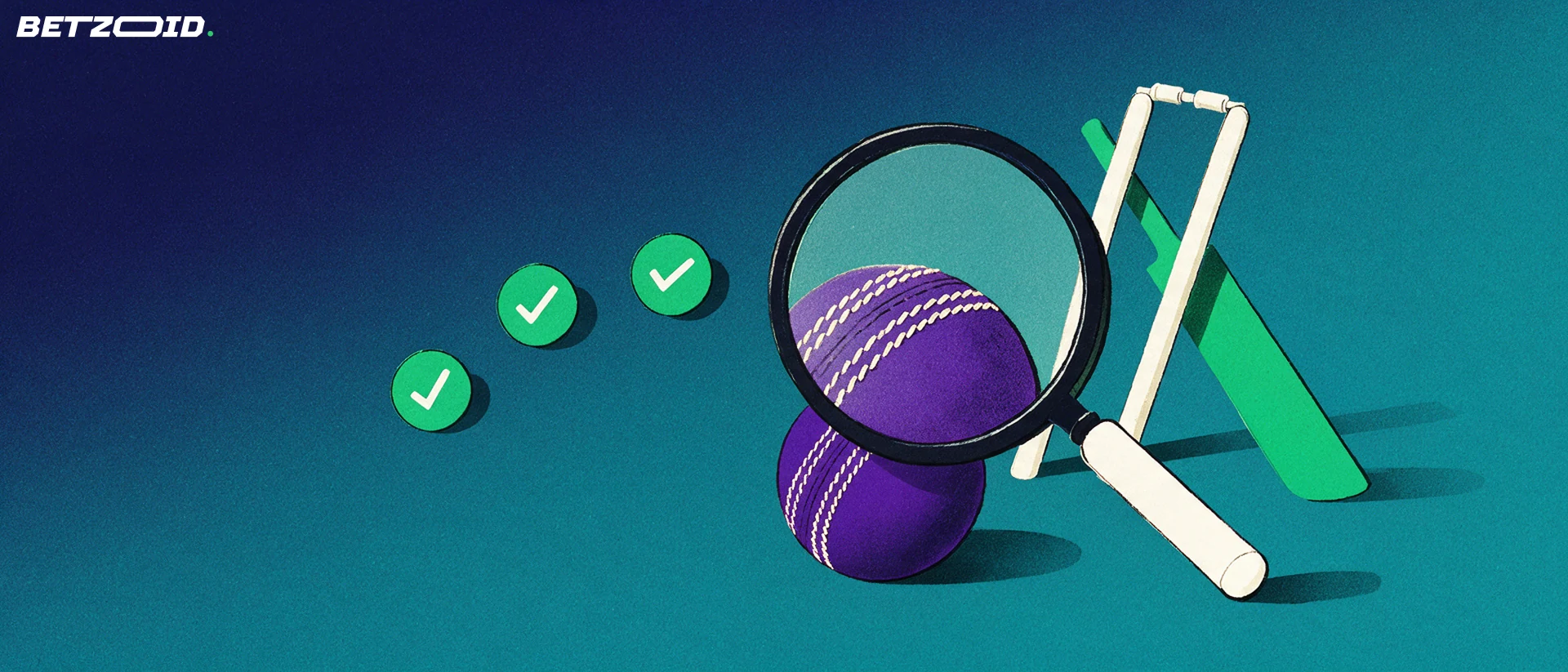 Illustration of a magnifying glass inspecting a cricket ball beside stumps and a bat, with three check-mark badges