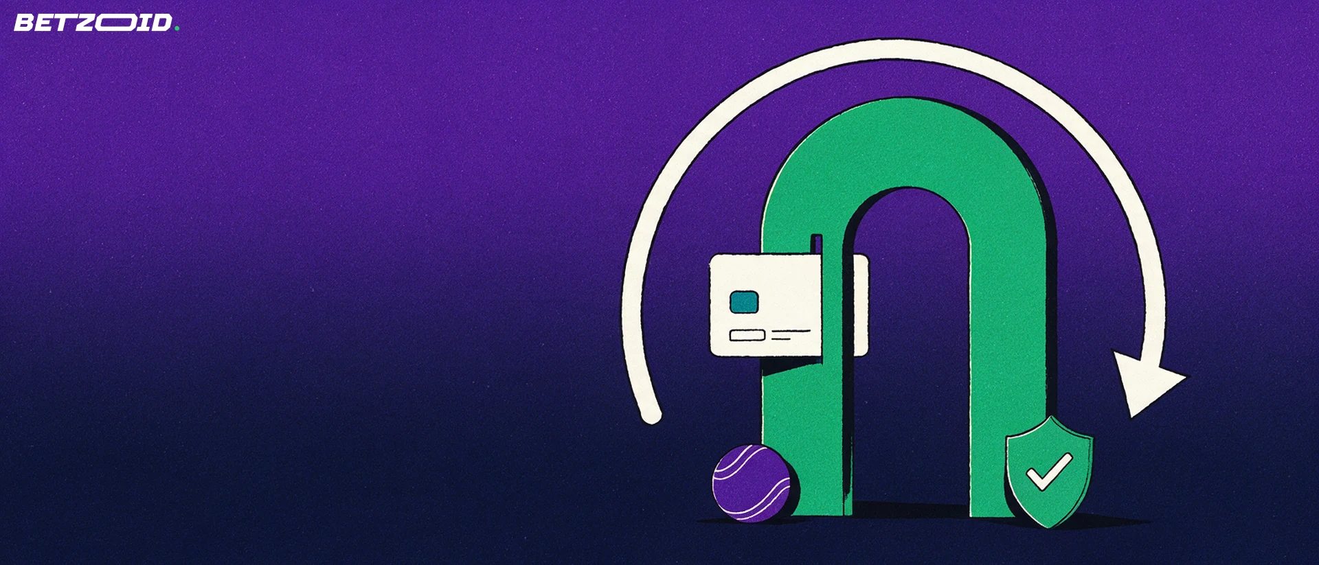 Illustration of a card entering a slot in a green arch gateway with a looping arrow, a shield with a check mark and a small cricket ball