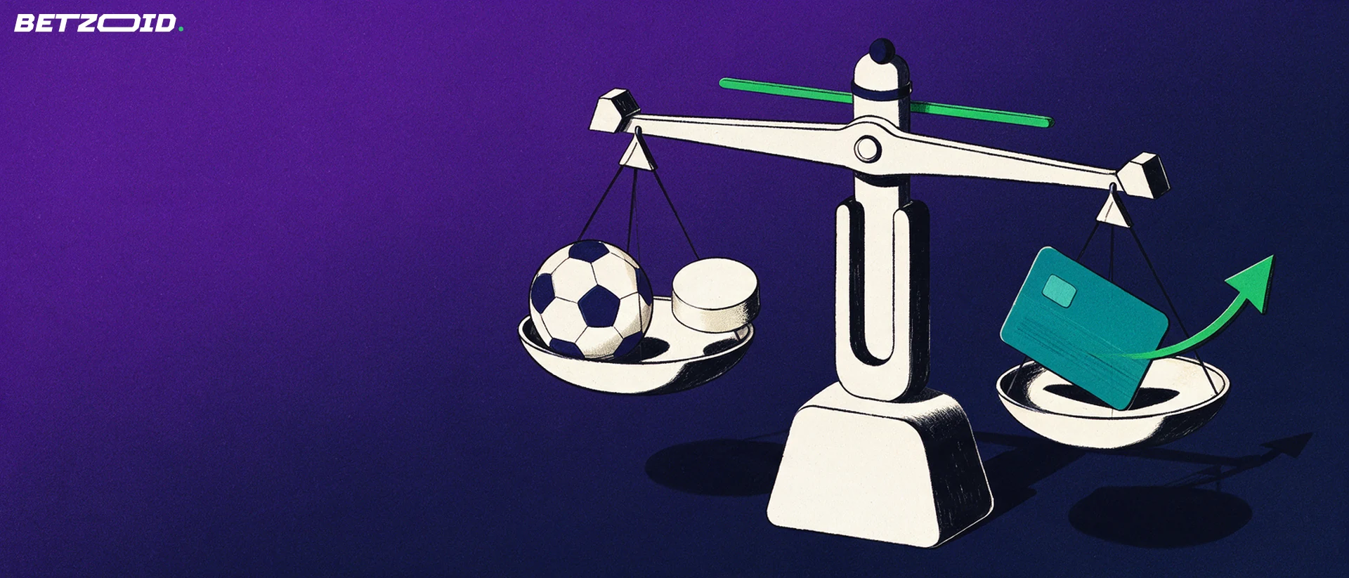Illustration of a balance scale weighing sports balls and a hockey puck against a plain payment card with an upward arrow.